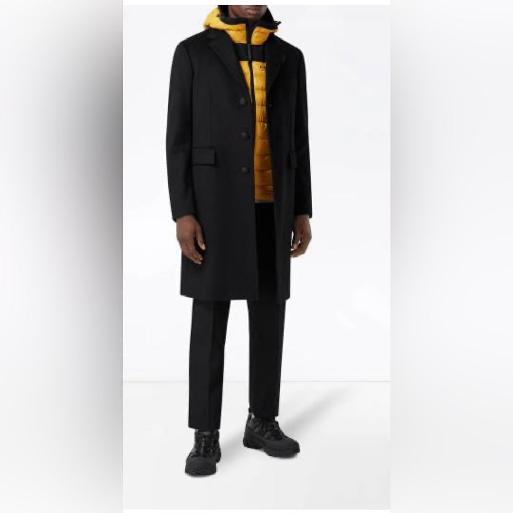 BURBERRY black single-breasted notch-lapel coat.